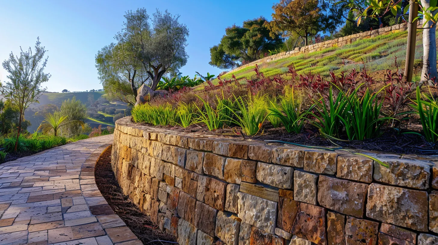 a beautifully constructed retaining wall, made of earthy-toned blocks, elegantly curves through a vibrant landscape, showcasing a lush garden and a backdrop of gently sloping hills under bright, clear blue skies. a beautifully constructed retaining wall, made of earthy-toned blocks, elegantly curves through a vibrant landscape, showcasing a lush garden and a backdrop of gently sloping hills under bright, clear blue skies.