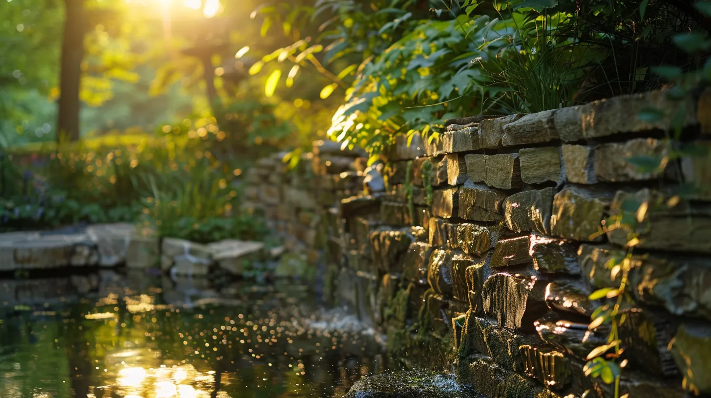 a beautifully crafted retaining wall, made of fieldstone and cement, rises dramatically against a backdrop of lush greenery and a tranquil fish pond, illuminated by soft, golden sunlight that highlights its sturdy construction and inviting design. a beautifully crafted retaining wall, made of fieldstone and cement, rises dramatically against a backdrop of lush greenery and a tranquil fish pond, illuminated by soft, golden sunlight that highlights its sturdy construction and inviting design.