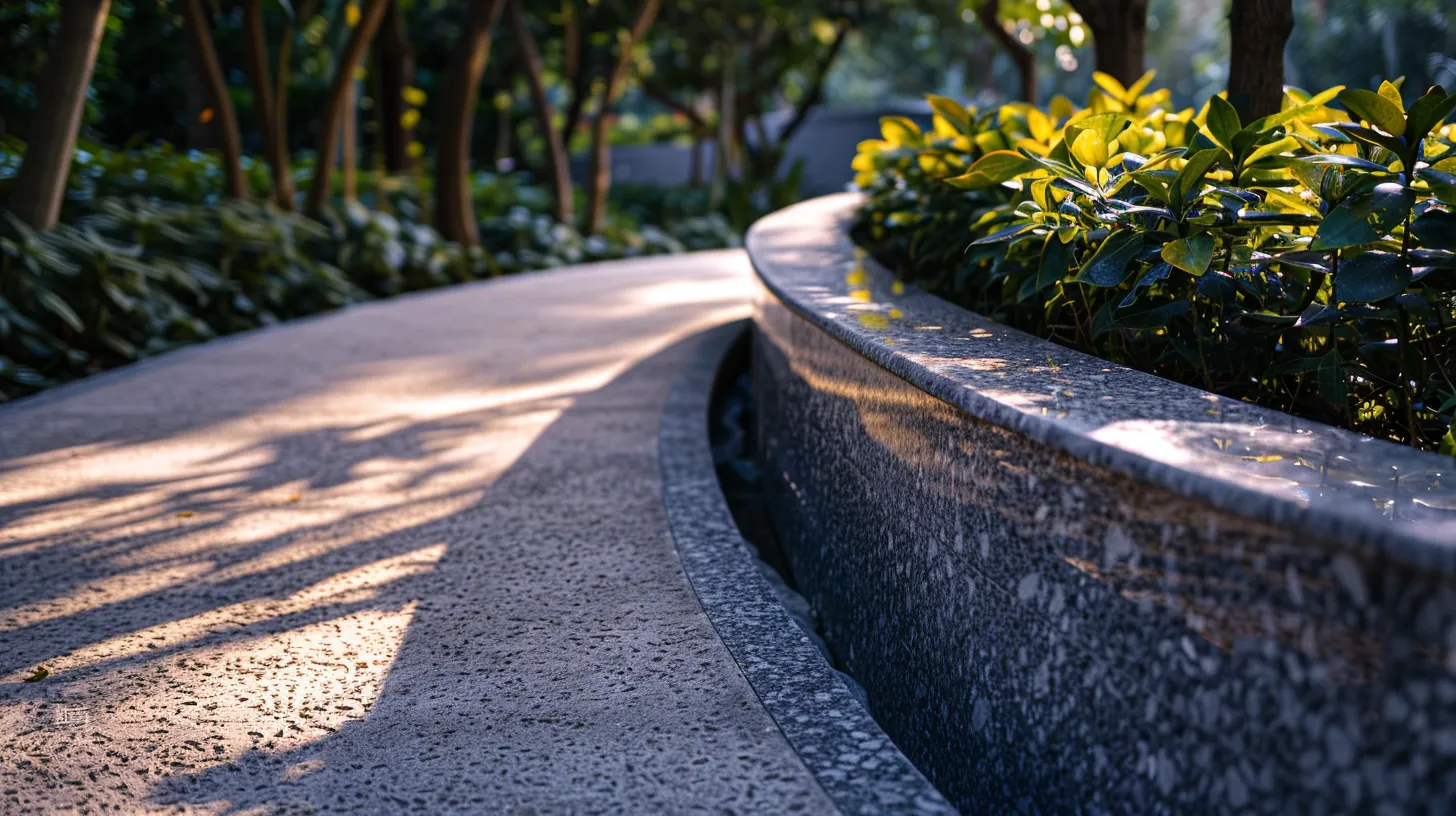 a beautifully designed granite retaining wall elegantly curves through a lush garden, showcasing its durability and aesthetic charm while harmoniously integrating with the surrounding landscape under soft, natural lighting. a beautifully designed granite retaining wall elegantly curves through a lush garden, showcasing its durability and aesthetic charm while harmoniously integrating with the surrounding landscape under soft, natural lighting.