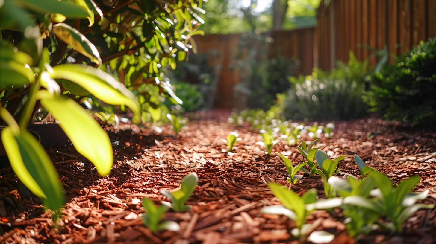 a beautifully landscaped garden showcases vibrant, freshly laid mulch in rich hues of cedar and hardwood, accentuating the healthy plants while sunlight filters gently through the leaves, creating a serene and inviting atmosphere.