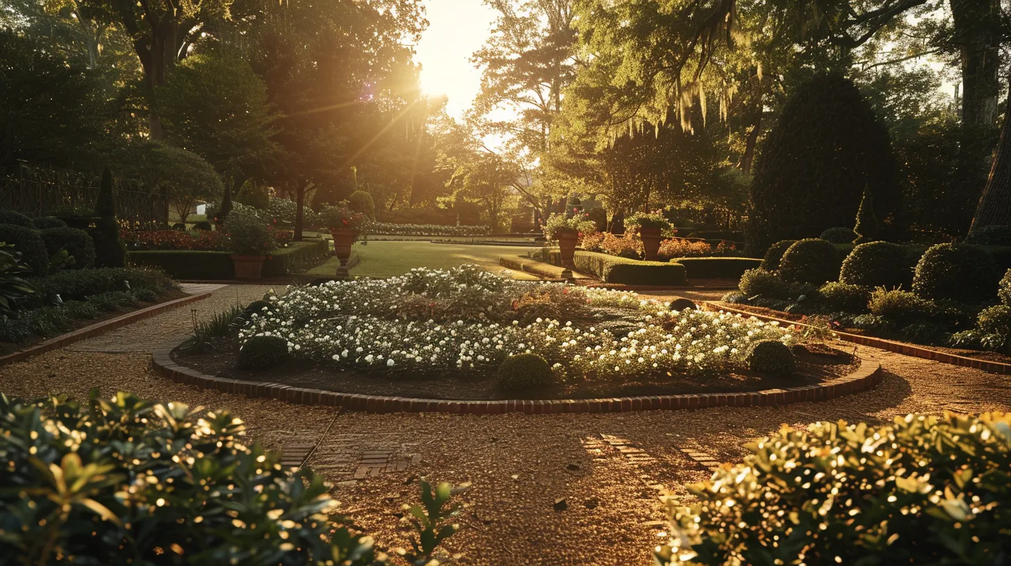 a beautifully landscaped outdoor space in georgia, featuring a meticulously arranged area of decorative gravel surrounded by lush greenery and vibrant flowers, bathed in warm golden sunlight to emphasize its inviting atmosphere.