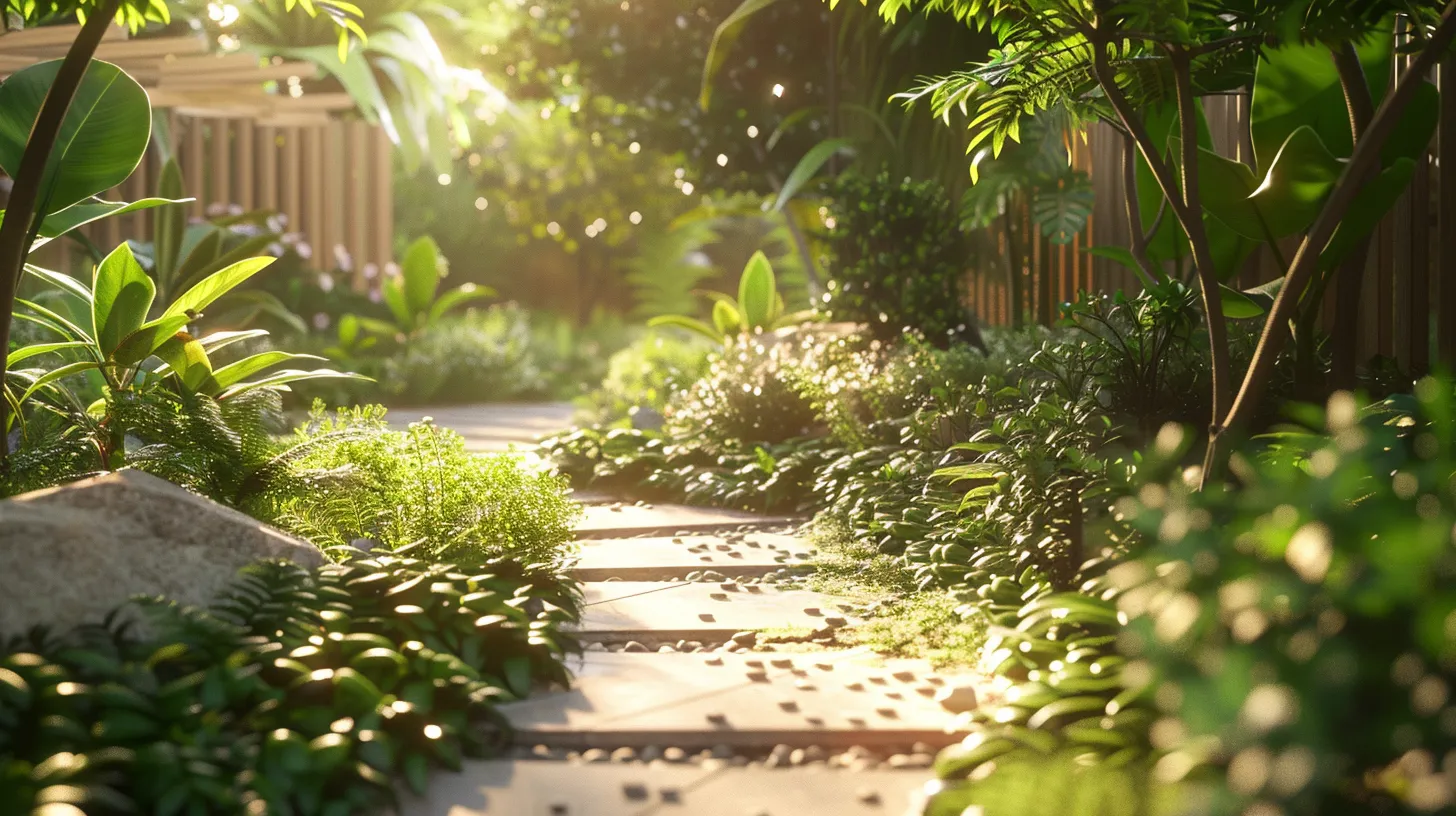 a beautifully landscaped outdoor space, showcasing vibrant plant life and expertly laid stone pathways, bathed in warm, golden sunlight to highlight the professionalism and quality of expert installation services.