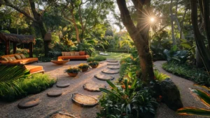 a beautifully landscaped path made of vibrant decorative gravel winds through a lush garden, leading to an elegant fire pit area surrounded by artistically arranged seating, bathed in warm, golden sunlight.
