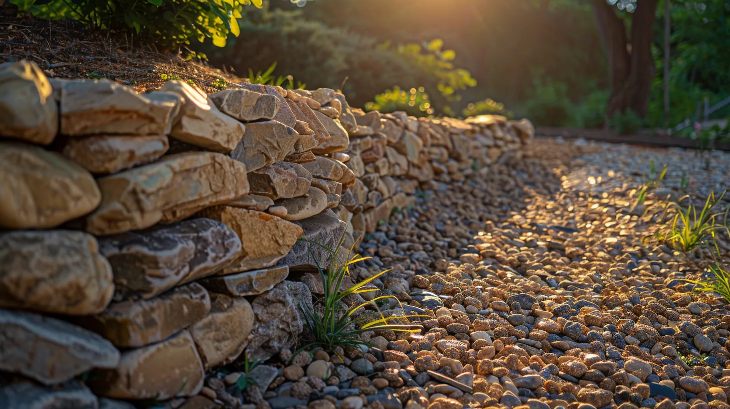 a beautifully maintained retaining wall made of smooth flagstone and gravel blends seamlessly into a vibrant landscape, showcasing both structural integrity and natural beauty under warm, golden sunlight. a beautifully maintained retaining wall made of smooth flagstone and gravel blends seamlessly into a vibrant landscape, showcasing both structural integrity and natural beauty under warm, golden sunlight.