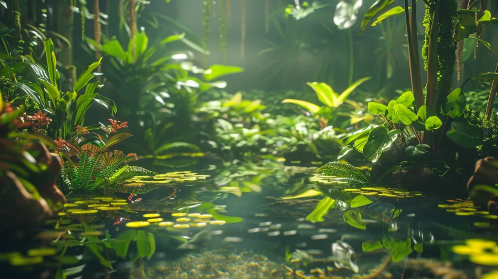 a breathtaking aquascape garden featuring a vibrant array of lush greenery intertwined with a serene, crystal-clear water feature, elegantly reflecting the surrounding flora under soft, golden hour lighting.