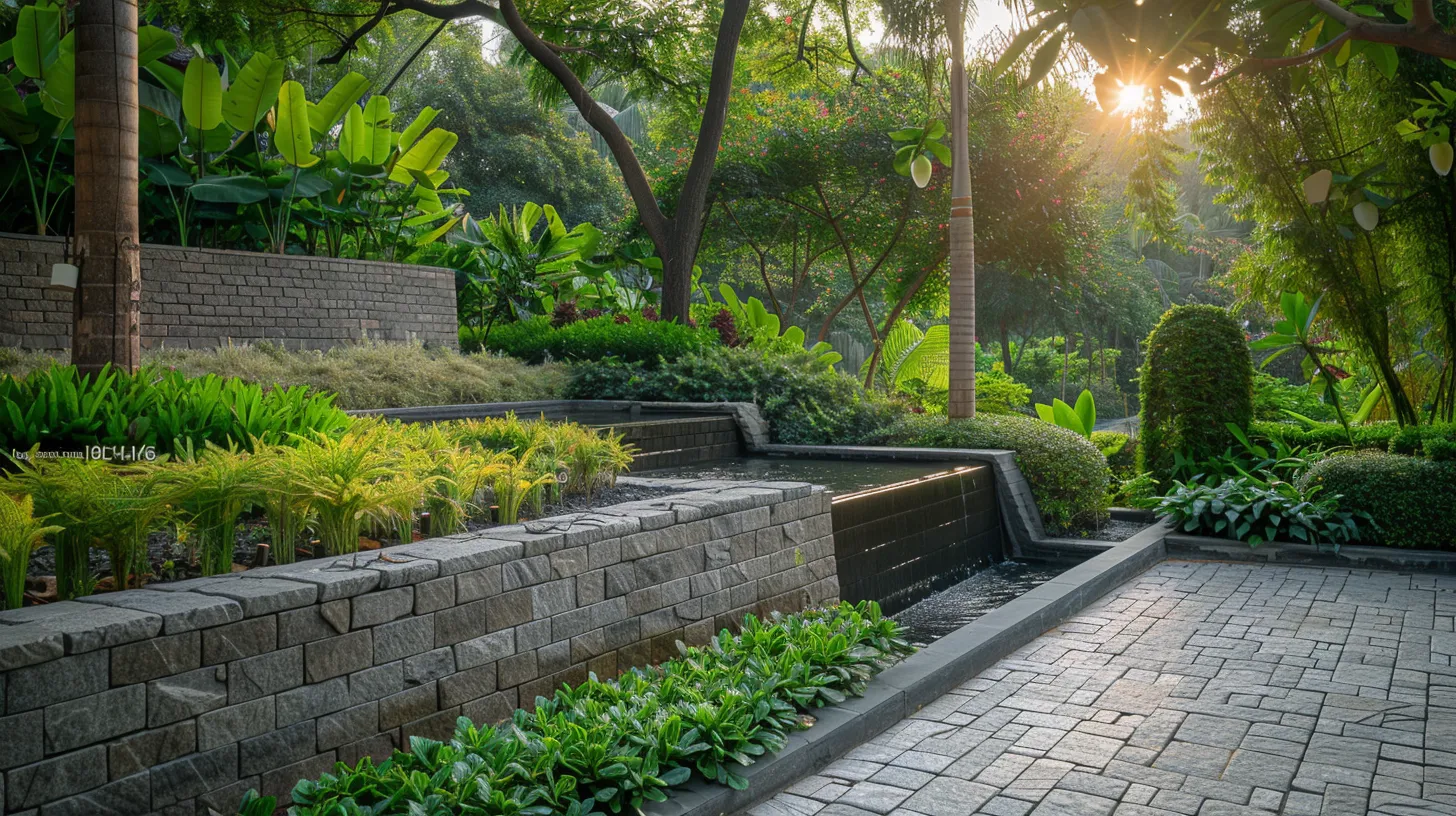a breathtaking landscape showcases a beautifully constructed retaining wall made of elegant stone blocks, seamlessly integrated into a vibrant garden featuring lush greenery and a tranquil water feature, illuminated by soft, golden afternoon light.
