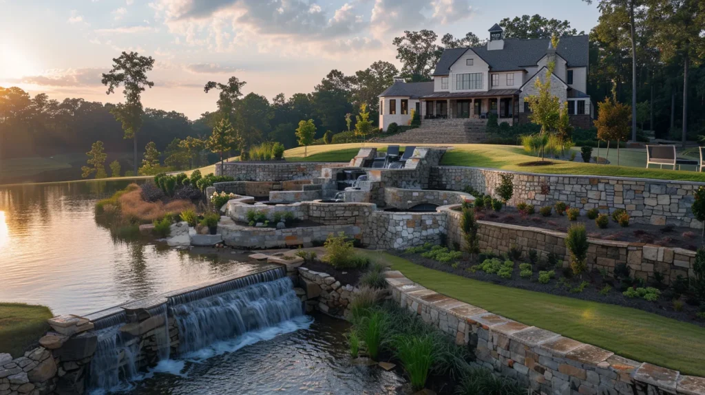 a breathtaking landscape showcases a serene water feature flowing gracefully alongside elegantly crafted retaining walls, embodying the essence of georgia's premier landscaping supplies under soft, golden sunlight.