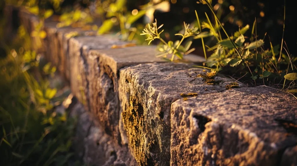 a close-up view of rugged, textured retaining wall blocks in earthy tones set against a lush, vibrant landscape, illuminated by soft golden sunlight.