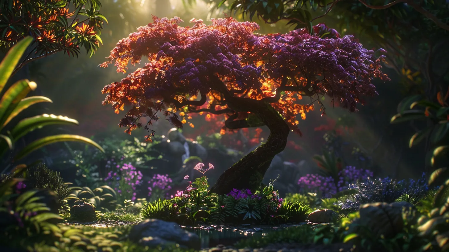 a flourishing japanese maple tree with deep purple foliage stands majestically in a vibrant garden, surrounded by lush companion plants, bathed in gentle morning light that highlights its intricate leaves and enhances the rich colors of the landscape.