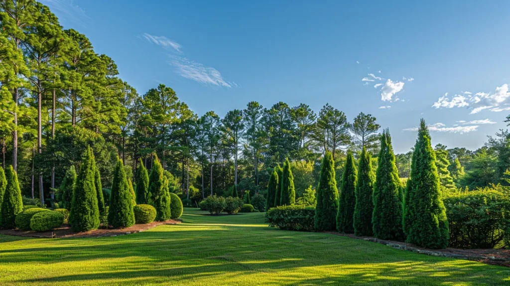 a lush, dense vista of vibrant leyland cypress and green giant arborvitae creating a thriving privacy screen under soft sunlight in a serene georgia landscape.