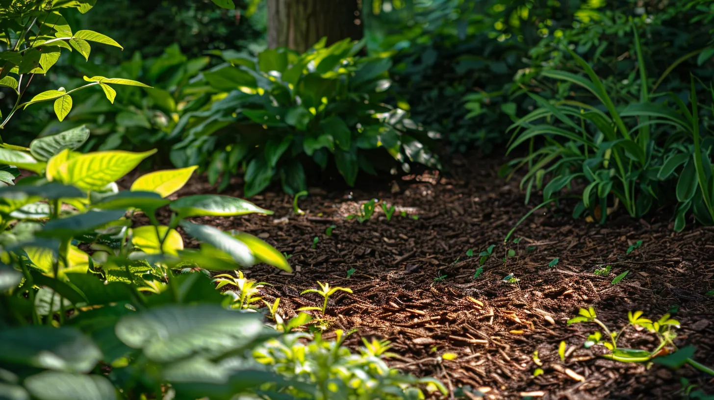 a lush garden bed adorned with rich, dark natural hardwood mulch, showcasing vibrant, healthy plants thriving amidst a backdrop of well-maintained greenery under soft, dappled sunlight.
