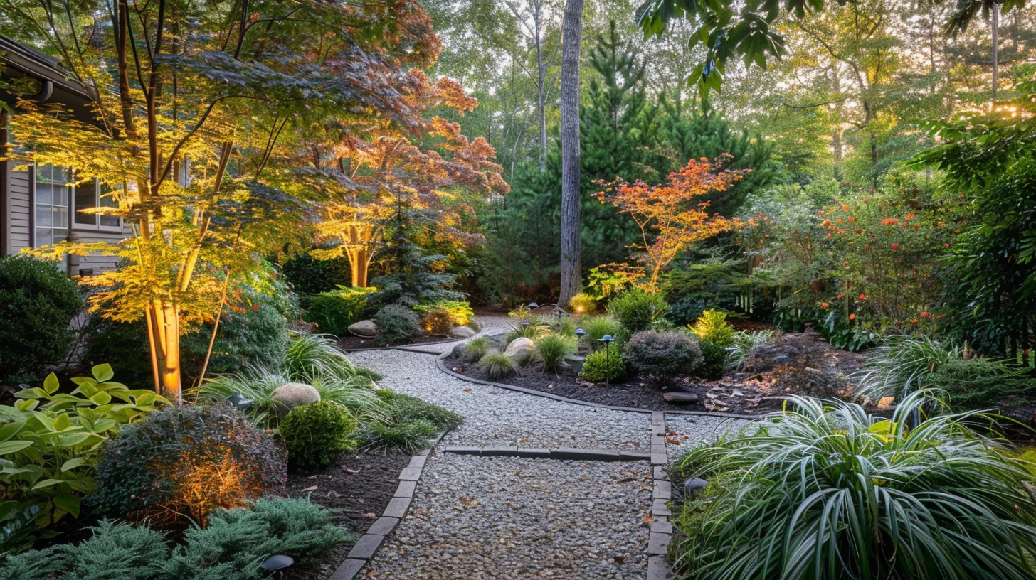 a lush garden in georgia showcases a vibrant array of japanese maples with striking variegated leaves and privacy shrubs, illuminated by soft morning light that highlights the rich textures and colors of the foliage.