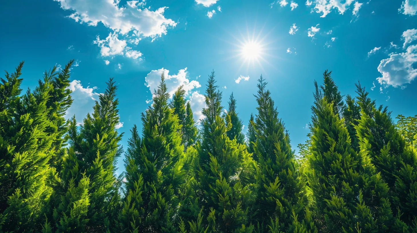 a lush garden scene featuring a variety of vibrant green evergreen trees, set against a bright blue sky, showcasing their adaptability and beauty within a harmonious landscape.