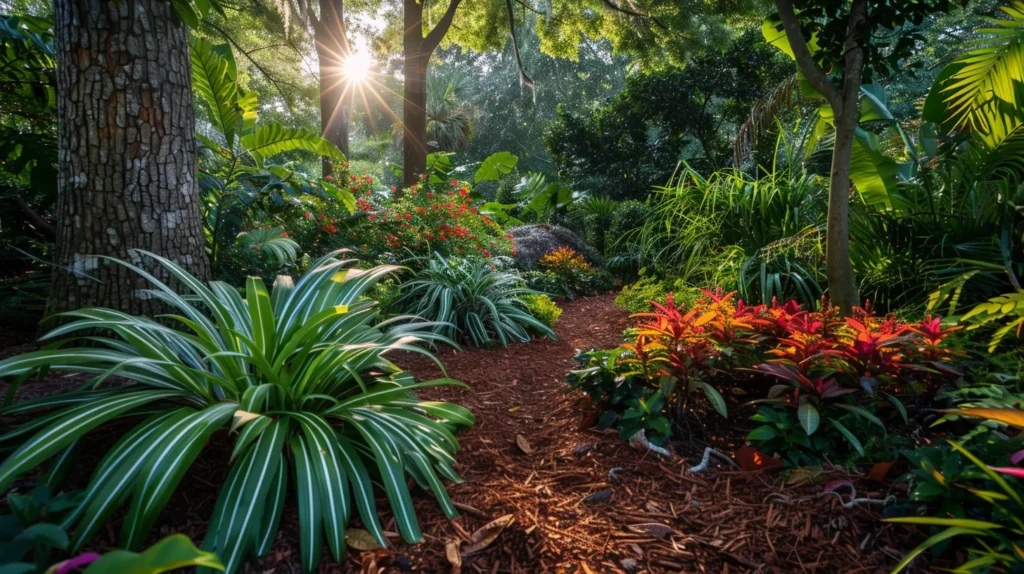 a lush georgia garden brimming with vibrant plants is artfully accented by rich, earthy cedar mulch, glowing softly in warm, golden sunlight.