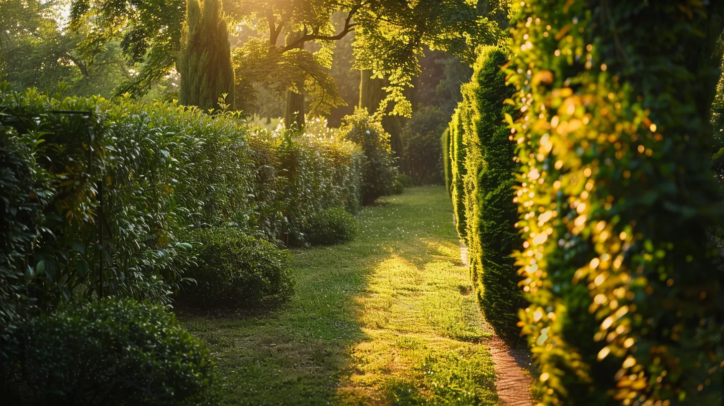 a lush, green privacy hedge densely packed with vibrant foliage stands majestically under soft, golden sunlight, showcasing the essence of tranquility and seclusion in a tranquil garden setting.