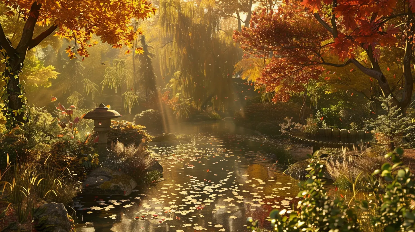 a lush landscape features various vibrant japanese maples in full autumn splendor, surrounded by complementary companion plants, bathed in soft golden sunlight that highlights their intricate foliage against a serene garden backdrop.