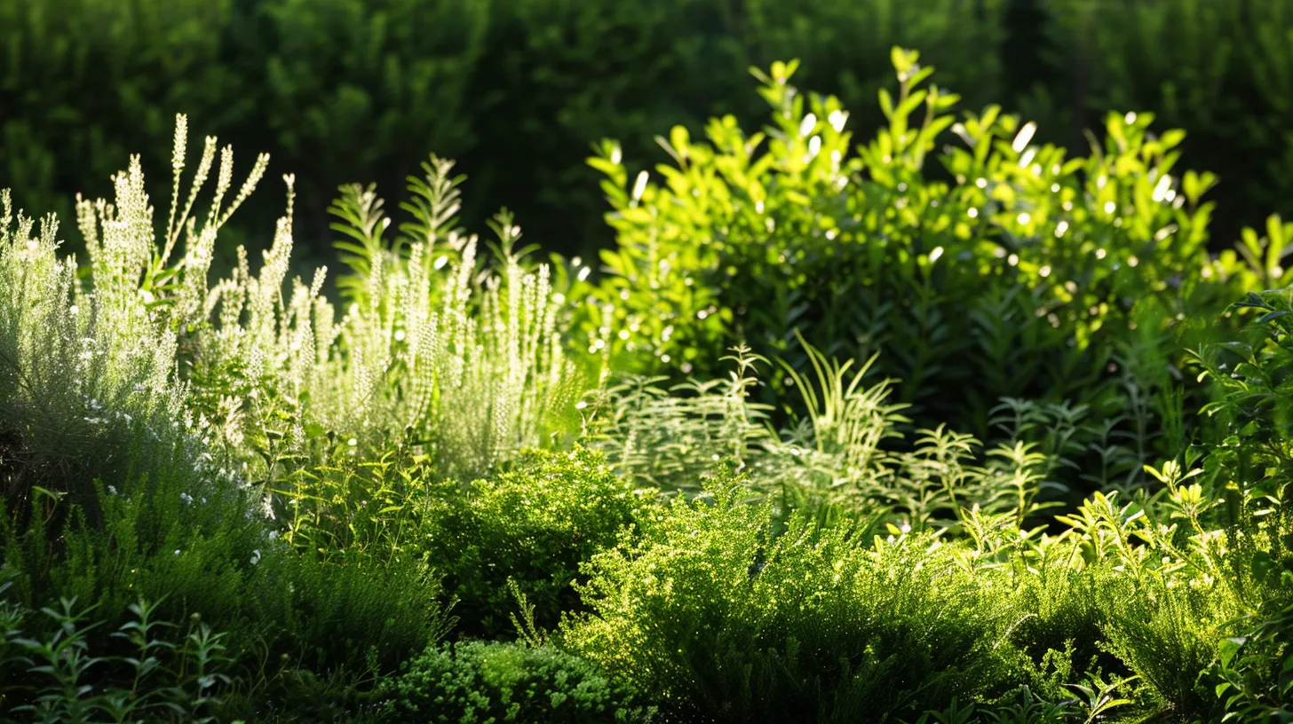 a lush landscape filled with vibrant, densely packed privacy shrubs swaying gently in the breeze, creating a serene and secluded garden space under soft, diffused sunlight.