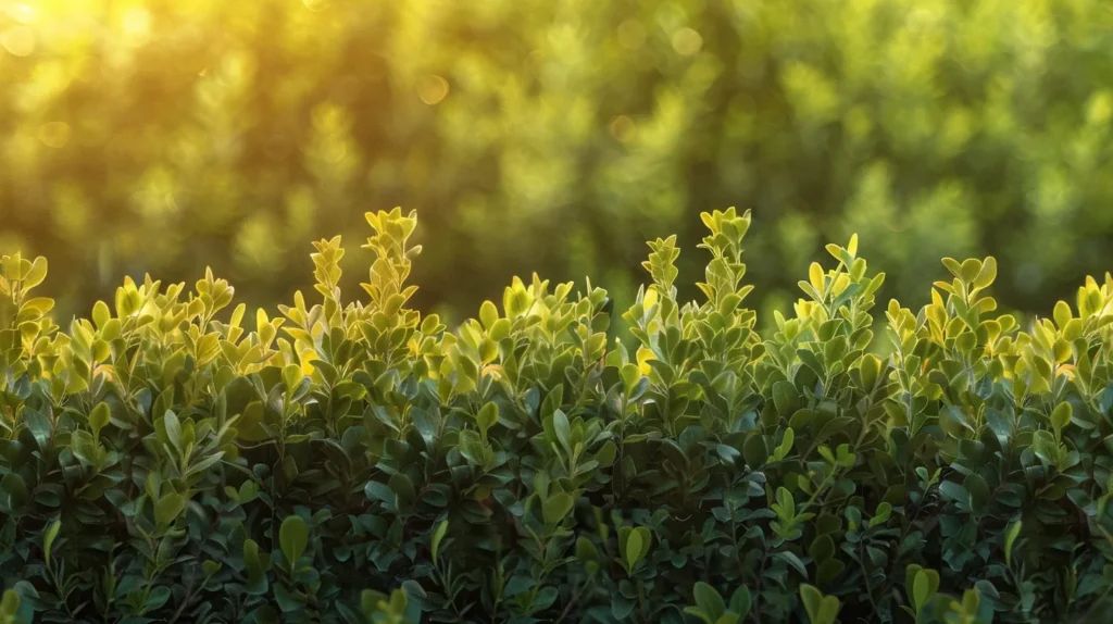 a lush, verdant landscape showcases a row of vibrant, privacy-enhancing shrubs, creating a serene and secluded retreat bathed in soft, golden sunlight.
