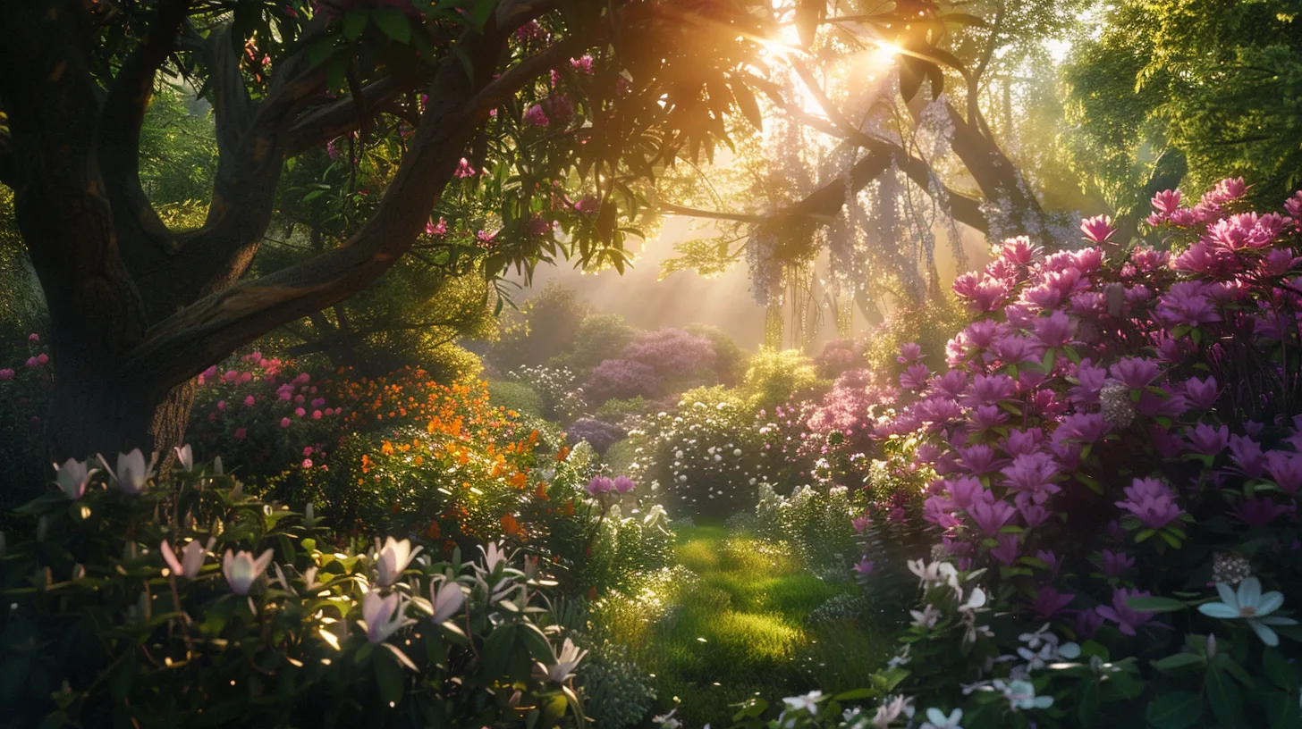 a lush, vibrant garden filled with diverse privacy shrubs, including flourishing magnolias, bathed in soft sunlight, showcasing a stunning natural barrier that enhances both beauty and seclusion in a serene landscape.