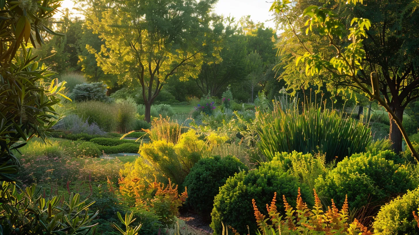 a lush, vibrant garden filled with diverse privacy shrubs and evergreen trees, showcasing a serene and secluded landscape under soft, golden afternoon light.