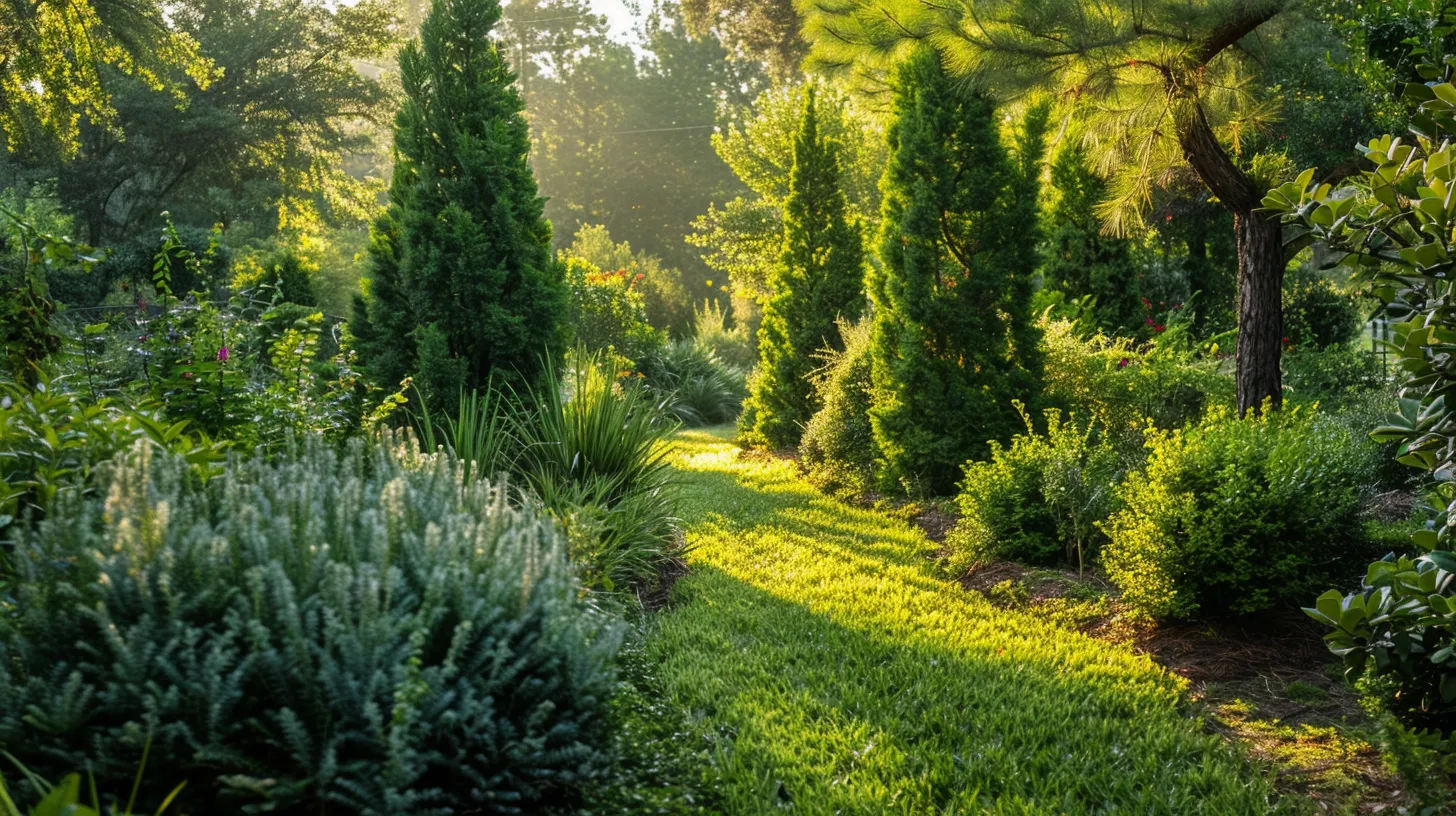 a lush, vibrant garden in georgia features a dense row of evergreen shrubs, including buxus and pinus echinata, creating a striking privacy barrier against a backdrop of soft, dappled sunlight filtering through mature quercus virginiana trees.
