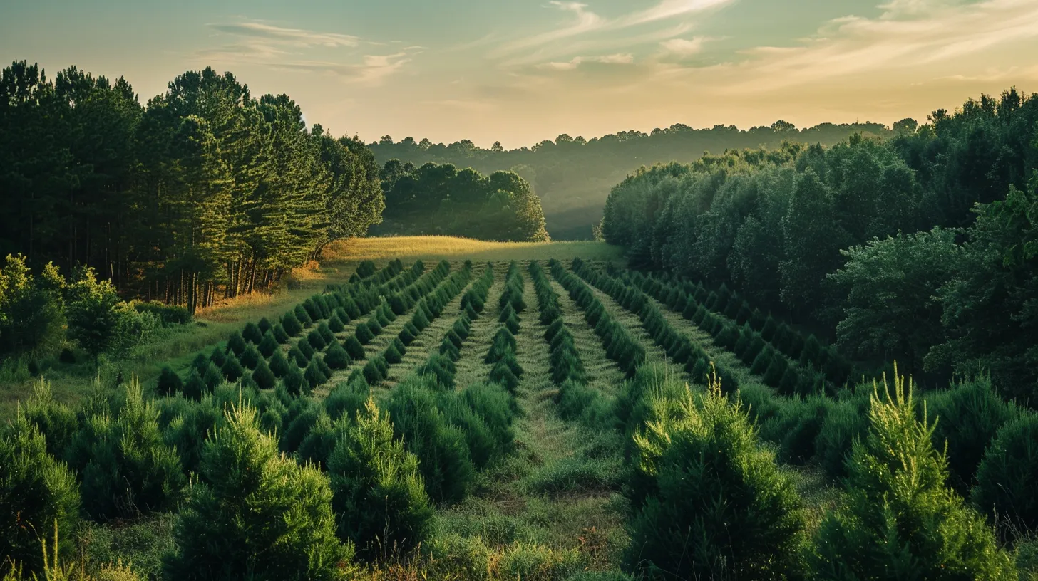 a lush, vibrant grove of evergreen trees thrives in the rich, clay soil of georgia, showcasing their deep green foliage and intricate pruning, bathed in warm sunlight that highlights their resilience against pests and diseases.