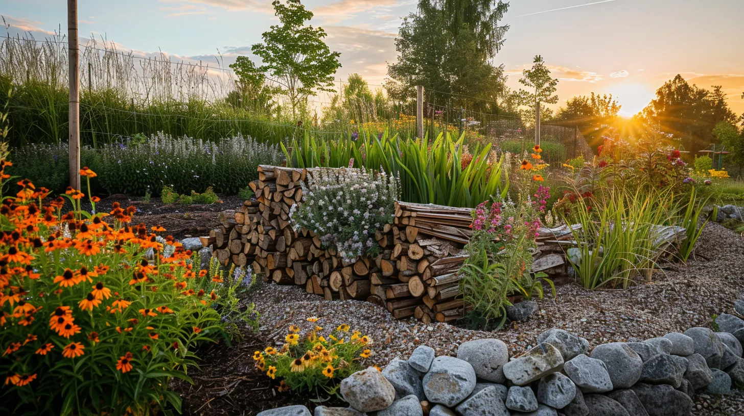 a lush, vibrant landscape showcasing a variety of high-quality landscaping materials, including rich soil, neatly stacked firewood, and colorful flower beds, captured in golden hour lighting to highlight the textural details and moisture glistening on the surfaces.