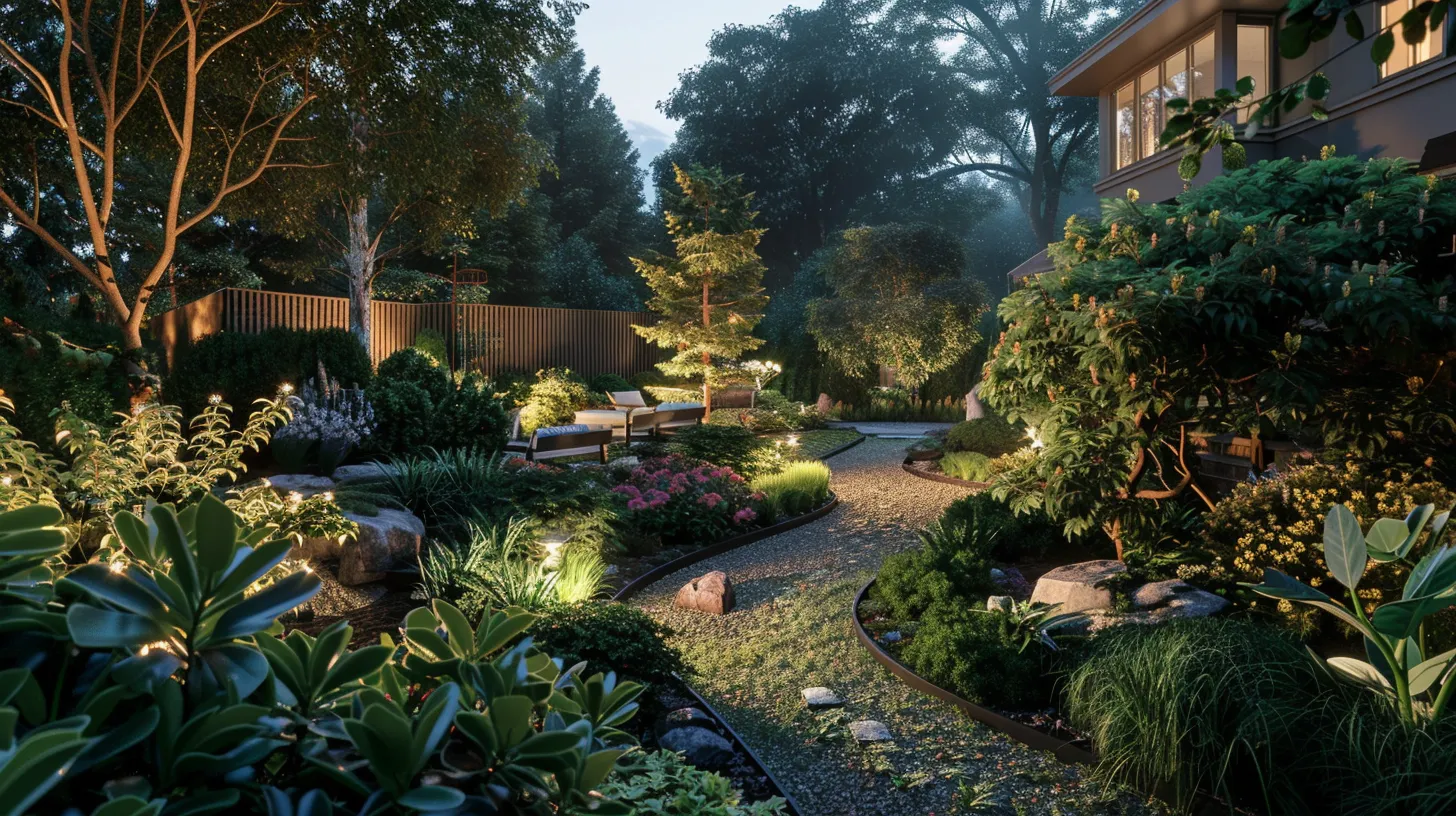 a serene and vibrant backyard showcases an array of lush, layered shrubs, featuring rich green evergreens and textured hardwoods, with winding pathways enhancing the tranquil atmosphere and inviting wildlife to thrive.