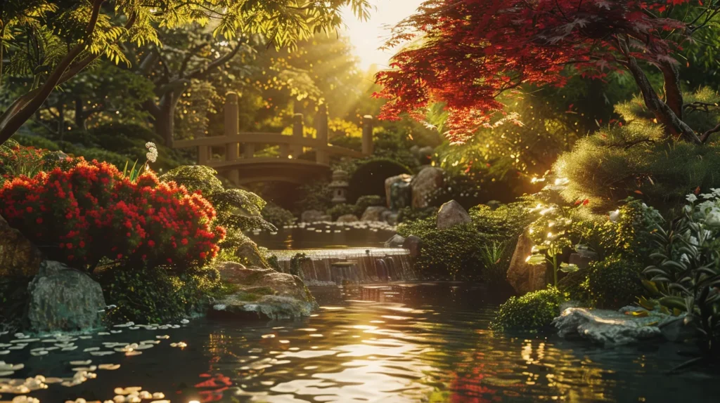 a serene garden landscape features vibrant japanese maples, lush evergreens, and elegant water features, illuminated by soft, golden sunlight filtering through the foliage, creating a harmonious blend of colors and tranquility.