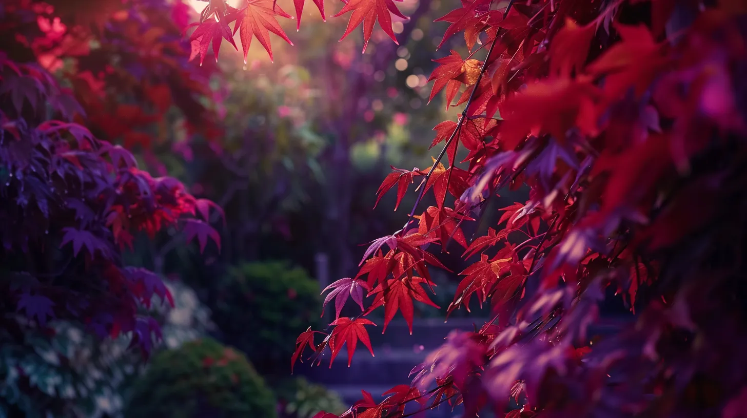 a serene garden scene featuring vibrant japanese maples in rich hues of red and purple, creating a lush, natural privacy screen that enhances the tranquil beauty of the landscape.
