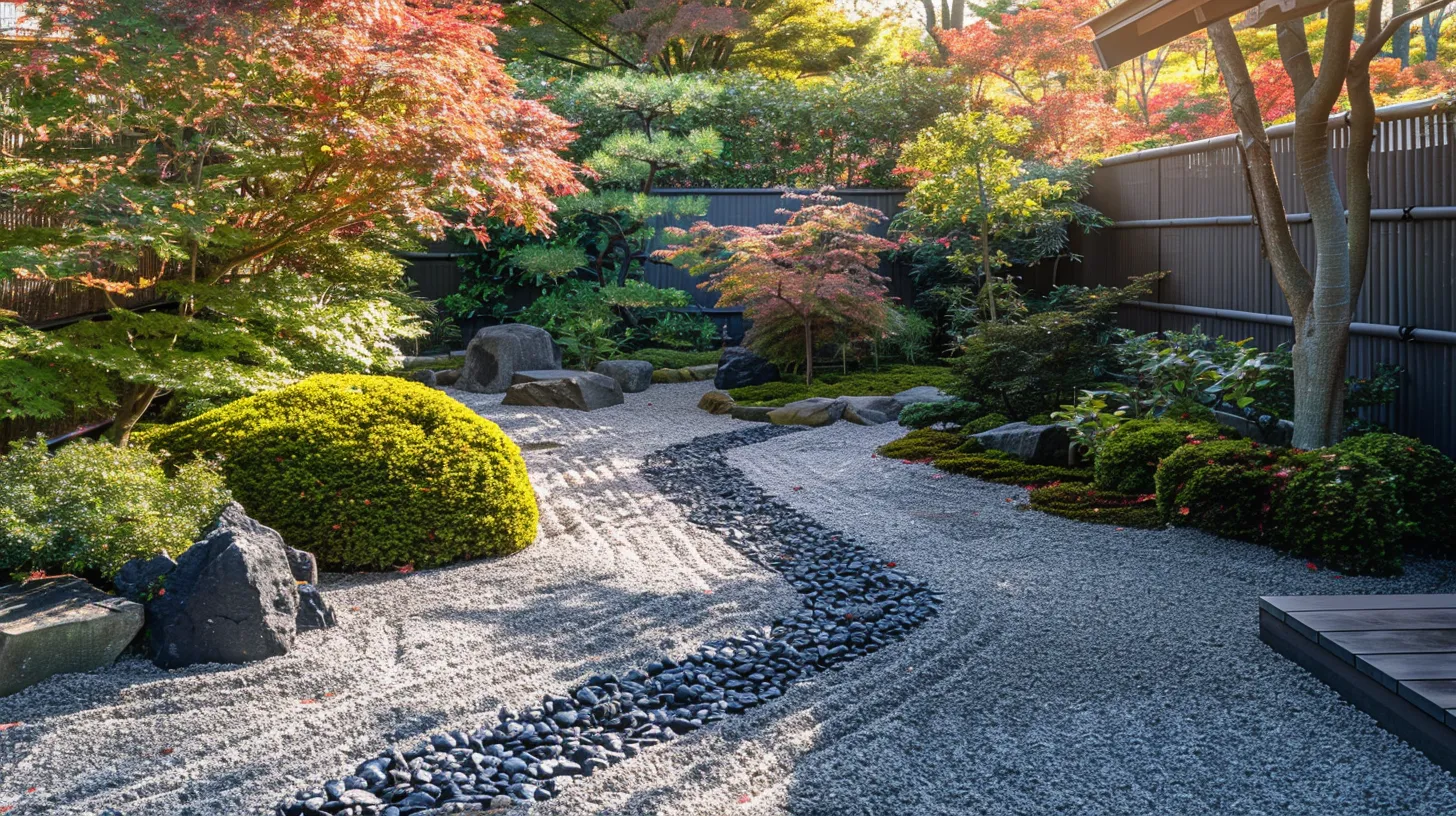a serene japanese garden, featuring lush privacy shrubs interspersed with vibrant acer palmatum, set against the backdrop of graceful pinus strobus, illuminated by soft, dappled sunlight filtering through the leaves.