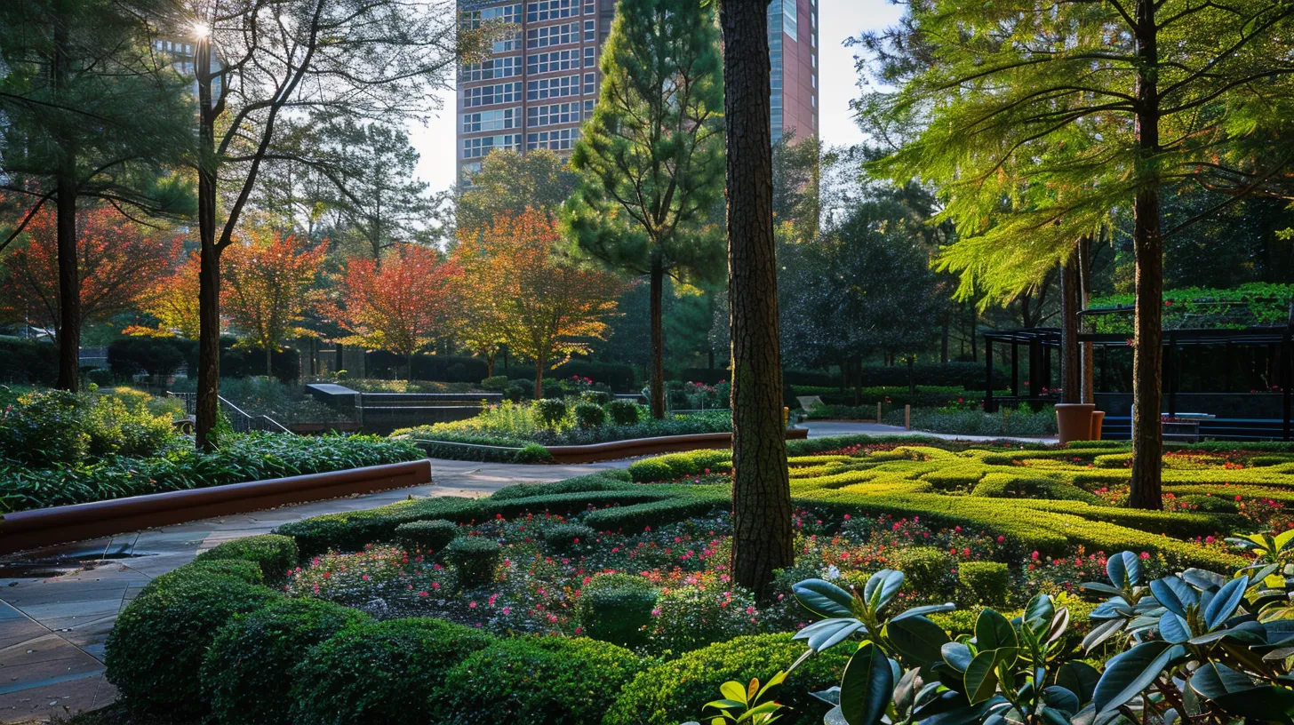 a serene landscape in georgia showcases a vibrant arrangement of towering evergreens, including cedrus deodara and lush camellias, contrasted against the rich burgundy foliage of japanese maples under soft, dappled sunlight.