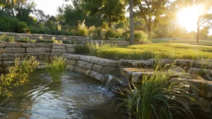 a serene landscape showcases beautifully integrated aquascape masonry solutions, featuring a well-defined retaining wall adorned with lush sod and flowing water elements, illuminated by soft golden sunlight.