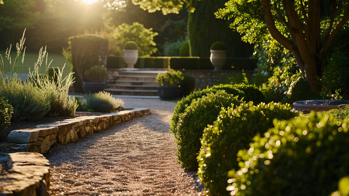 a serene outdoor landscape features meticulously arranged decorative gravel surrounding sturdy, elegantly crafted retaining walls, creating a harmonious blend of functionality and beauty in a vibrant garden setting under soft, natural lighting.