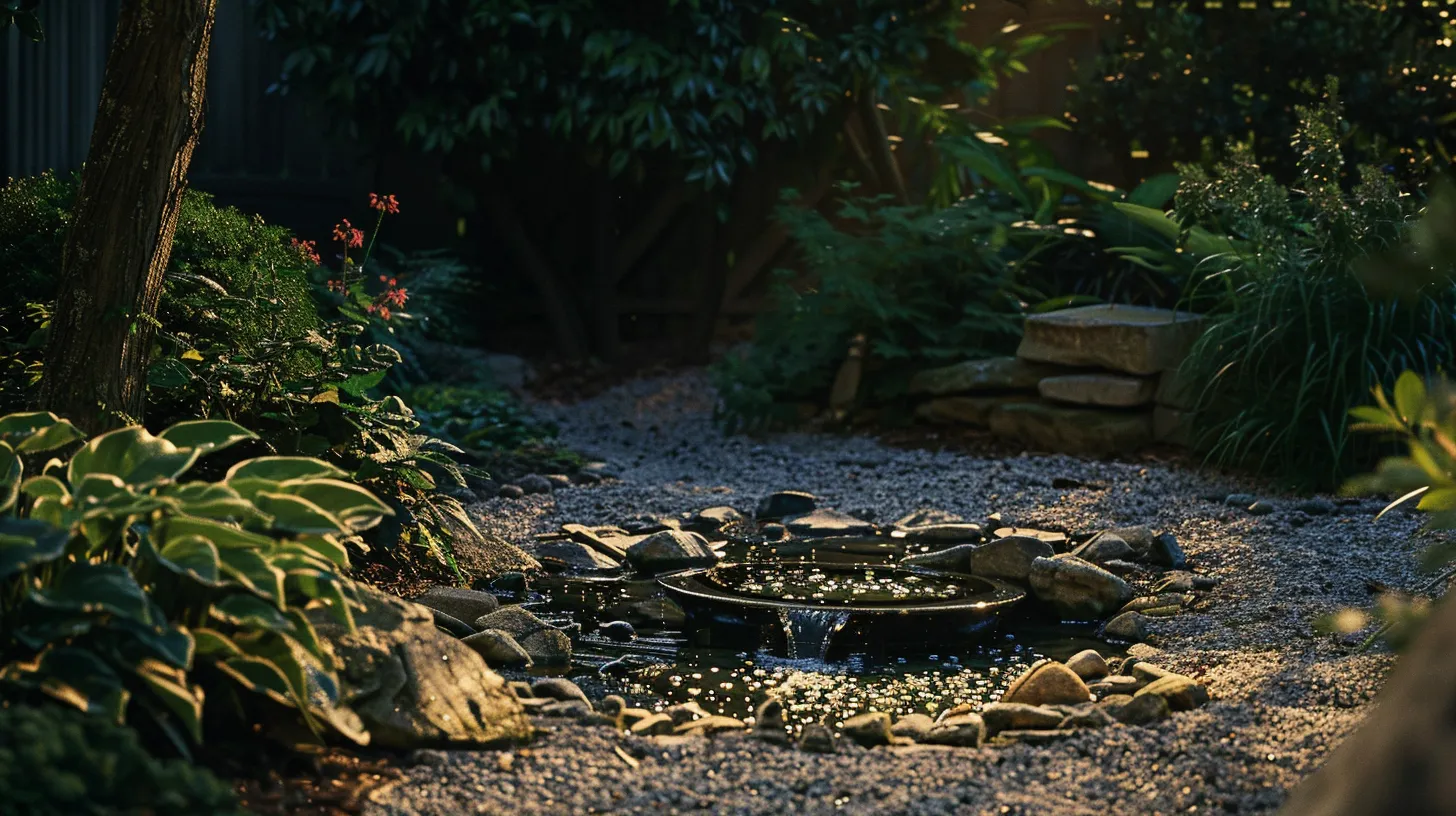 a serene outdoor landscape in georgia showcases a beautifully arranged decorative gravel area, harmoniously integrated with vibrant plants and a tranquil water feature, illuminated by soft golden hour light.