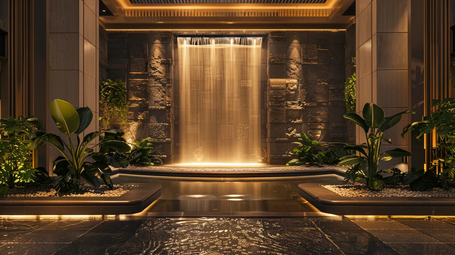 a serene water feature surrounded by vibrant aquatic plants and illuminated by soft ambient lighting, showcasing the harmonious blend of nature and elegant design elements like sandstone and oak.