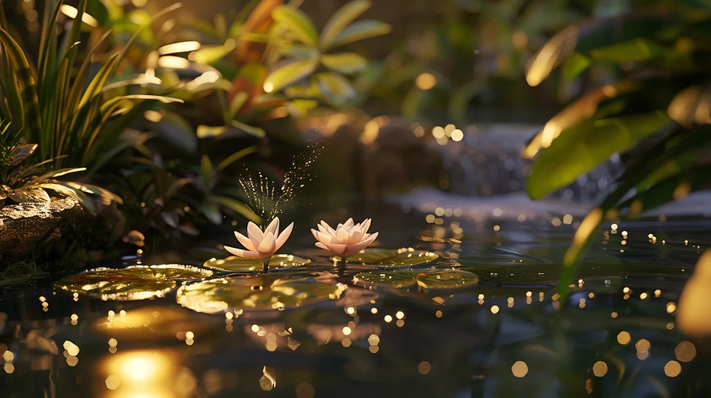 a tranquil outdoor oasis featuring a shimmering water feature surrounded by vibrant aquatic plants and lush magnolia, bathed in soft golden light that invites relaxation and harmony.