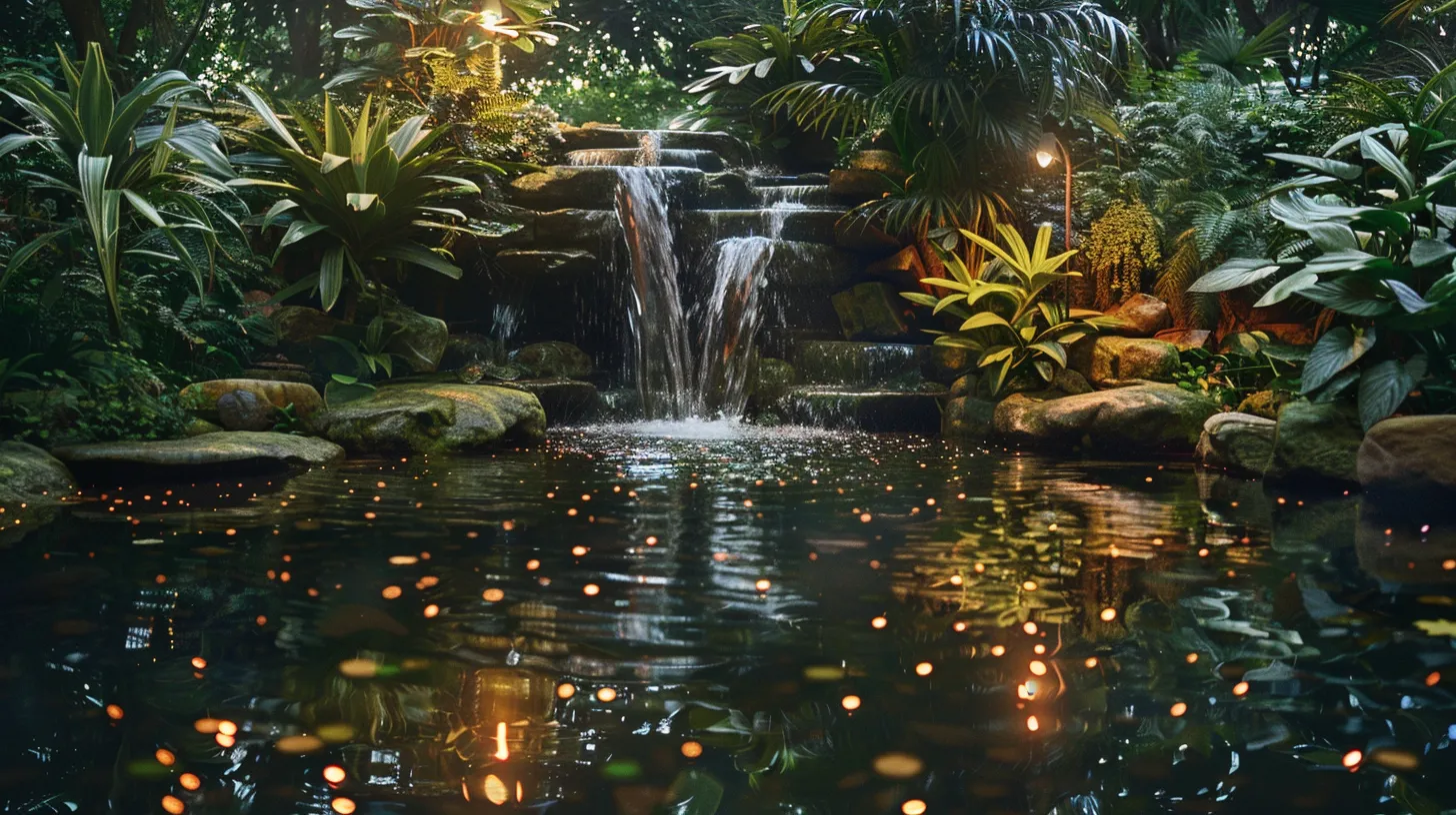 a tranquil pond adorned with flowing waterfalls, surrounded by vibrant aquatic plants and softly glowing lights, captures the serene beauty and dynamic movement of a harmonious water garden in georgia's lush outdoor landscape.