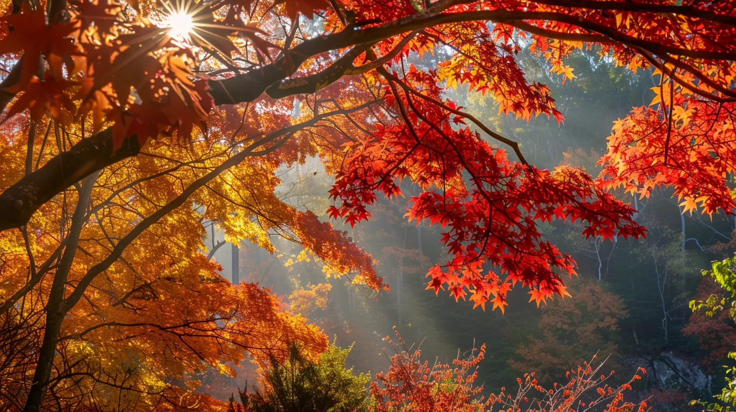 a vibrant display of japanese maples showcases their stunning red and orange foliage against a serene georgia landscape, illuminated by soft golden sunlight filtering through the leaves.