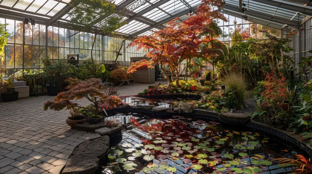 a vibrant display of japanese maples in rich autumn hues, cascading leaves reflecting sunlight in a serene georgia nursery, inviting viewers to explore their beauty and potential for landscaping.