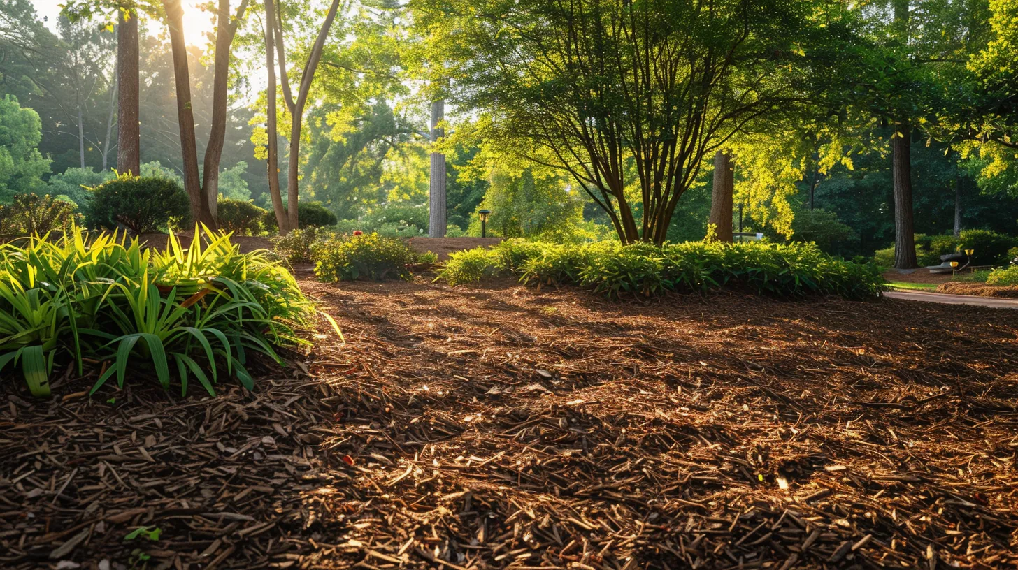 a vibrant garden bed blanketed in rich, dark mulch, surrounded by lush green plants and trees, showcasing a picturesque suburban atlanta landscape bathed in golden sunlight.