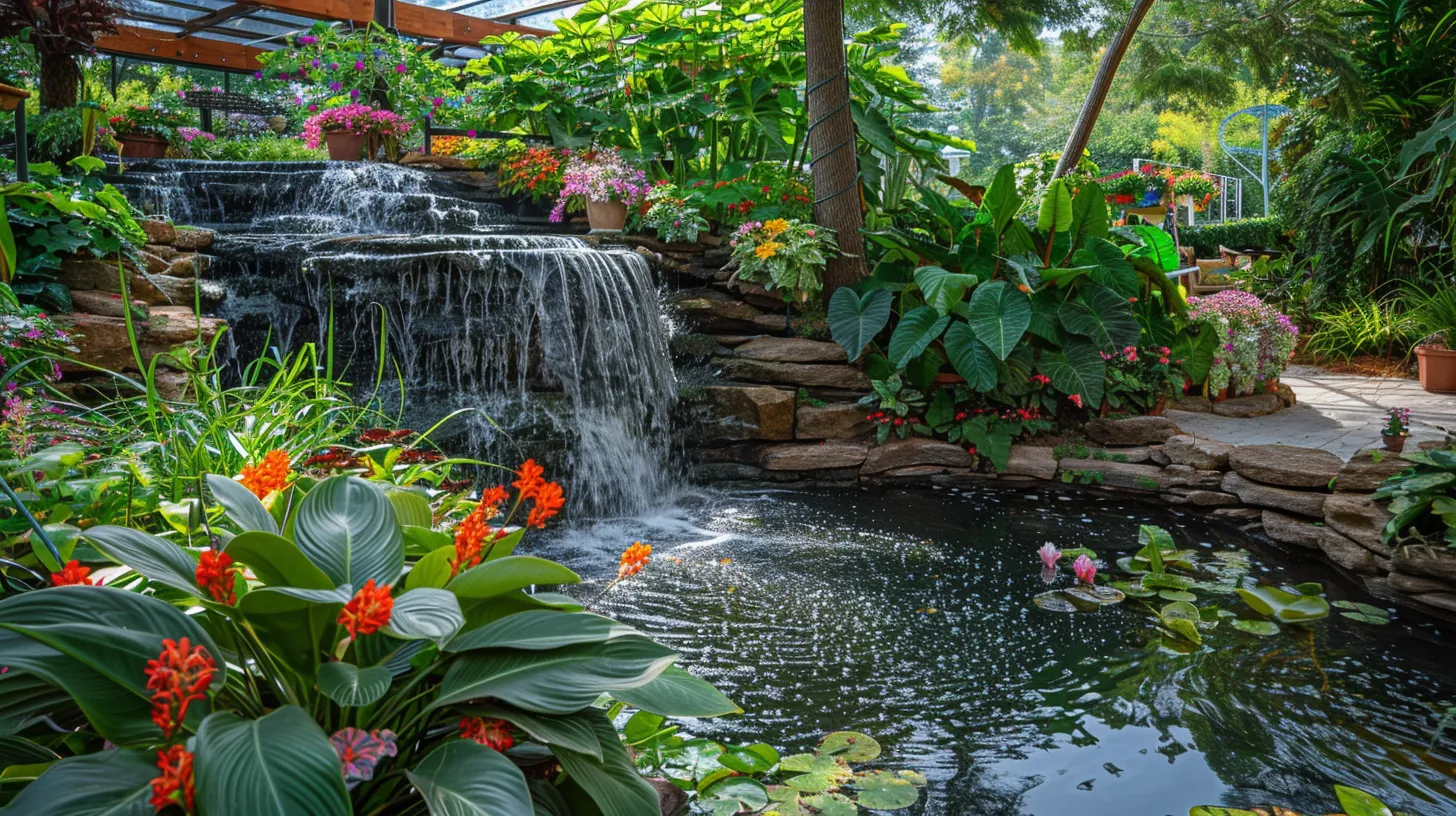 a vibrant garden center in georgia bursts with lush greenery and shimmering aquascape supplies, showcasing exquisite water features that invite outdoor enthusiasts to transform their spaces into serene aquatic retreats.