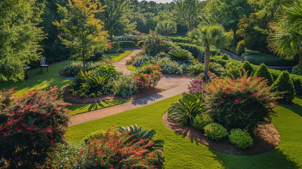 a vibrant garden filled with a diverse array of lush privacy shrubs, creating a serene and intimate atmosphere amidst the bright georgia sunlight.