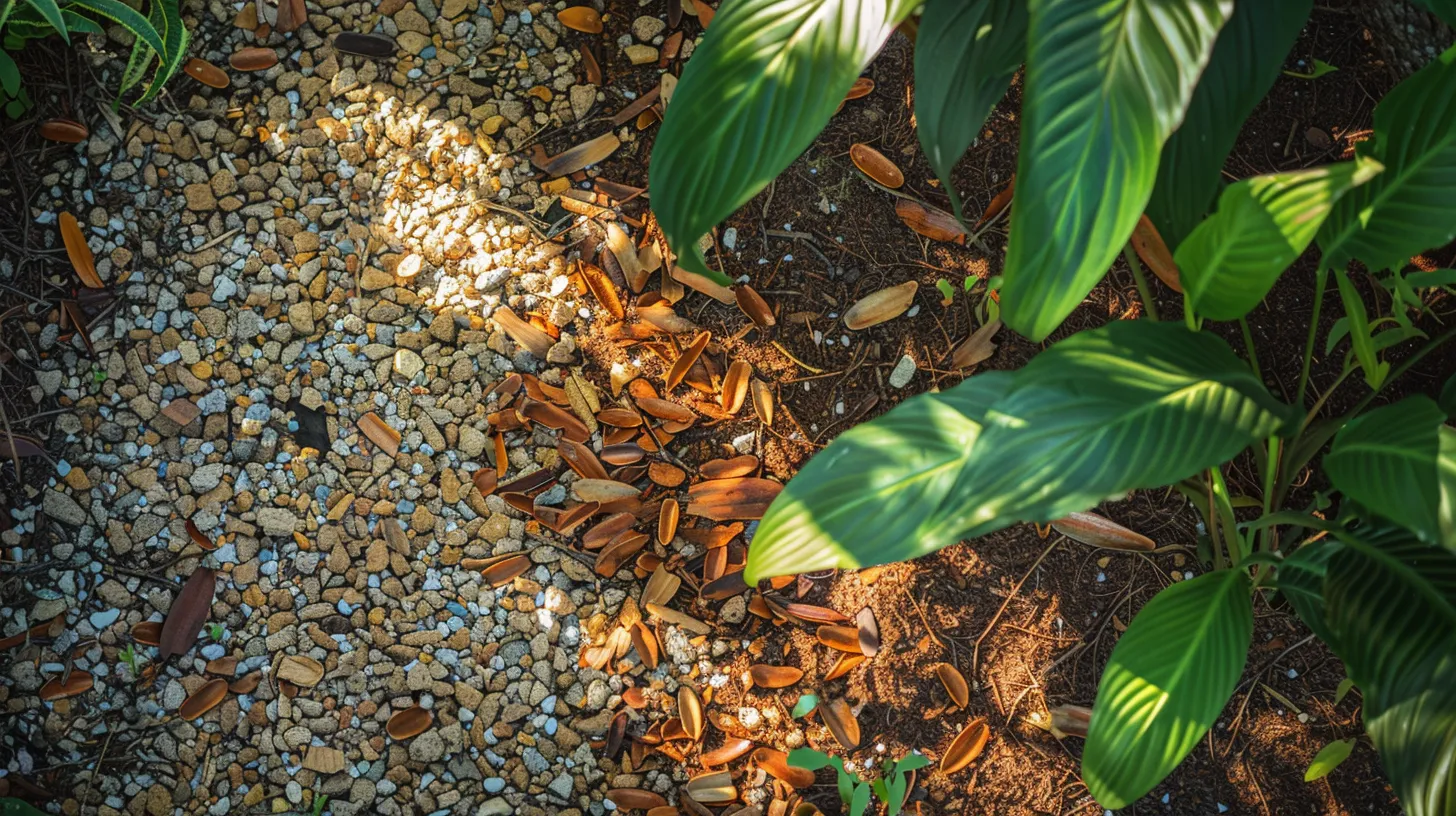 a vibrant garden in georgia showcases a rich layer of colorful mulch nestled among lush green plants, contrasting beautifully with scattered decorative gravel, all bathed in warm sunlight that highlights the textures and colors of the landscape.