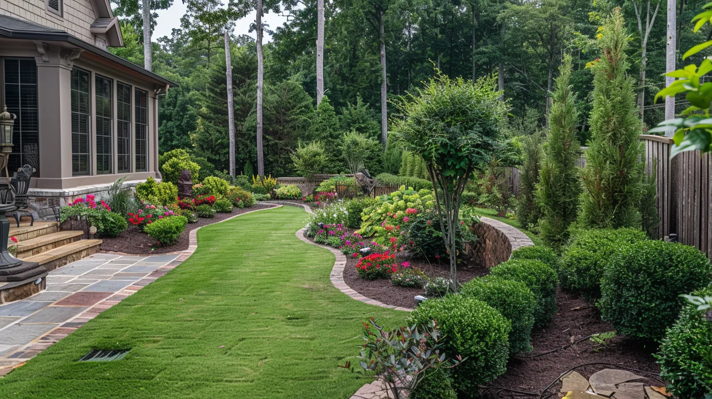 a vibrant garden in georgia is adorned with lush, evergreen privacy shrubs and colorful seasonal foliage, creating a serene green oasis that seamlessly blends with the natural landscape.