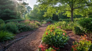 a vibrant garden landscape showcases lush shrubs, such as chaenomeles and panicum virgatum, thriving amidst a rich layer of natural cedar mulch that glistens in dappled sunlight, emphasizing the importance of proper garden care and hydration in a serene georgia setting.