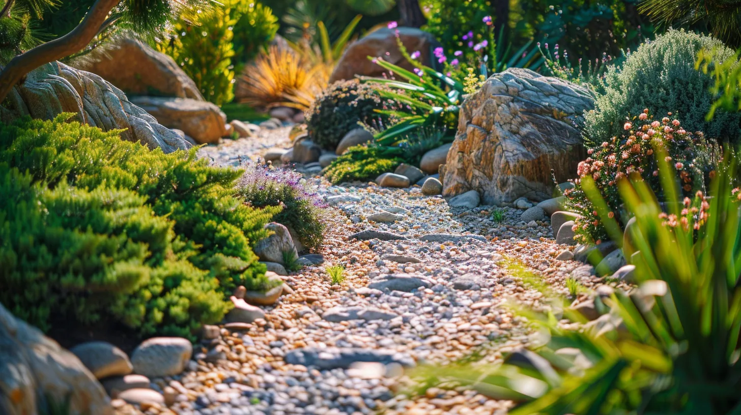 a vibrant garden scene showcases an array of colorful decorative gravel nestled between lush greenery and bold boulders, creating a captivating landscape that beautifully enhances drainage and visual appeal. a vibrant garden scene showcases an array of colorful decorative gravel nestled between lush greenery and bold boulders, creating a captivating landscape that beautifully enhances drainage and visual appeal.