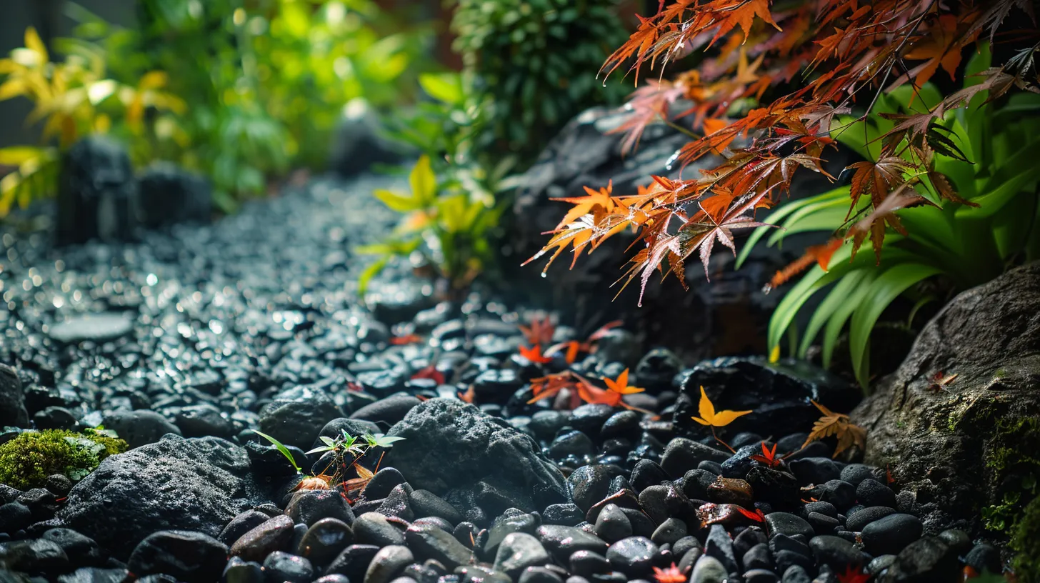 a vibrant garden scene showcasing an assortment of lush japanese maples, their delicate leaves contrasting against meticulously arranged rocks and gravel, bathed in warm sunlight that highlights the tranquil beauty of this serene horticultural oasis.