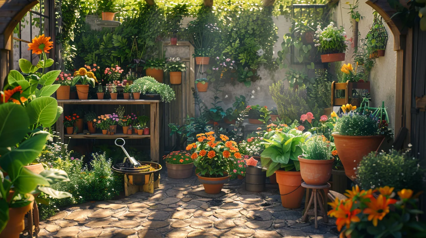 a vibrant garden scene showcasing a variety of lush plants and colorful flowers, with neatly arranged landscaping tools and supplies elegantly displayed under soft, warm sunlight, emphasizing the beauty and importance of local resources for garden enhancement.