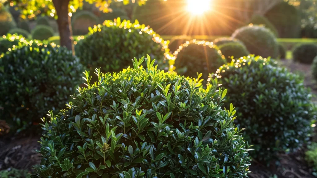 a vibrant garden scene showcasing lush ilex opaca privacy shrubs, with rich green foliage glistening under the warm sunlight, emphasizing their healthy growth and resilience amidst a serene, natural backdrop.